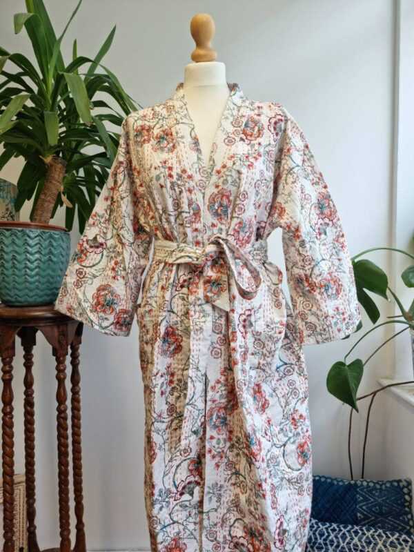 Kantha Cotton Long Reversible Kimono in White Red & Green Oriental