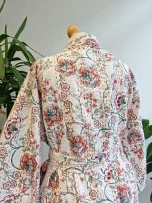 Kantha Cotton Long Reversible Kimono in White Red & Green Oriental - Image 4