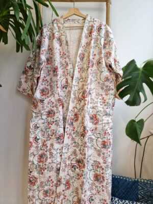 Kantha Cotton Long Reversible Kimono in White Red & Green Oriental - Image 5