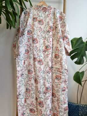 Kantha Cotton Long Reversible Kimono in White Red & Green Oriental - Image 7