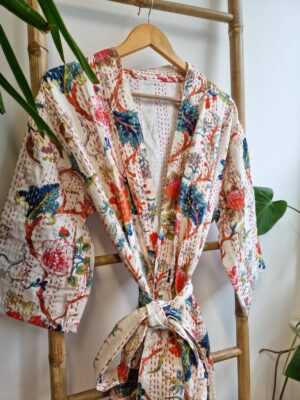 Kantha Cotton Long Reversible Kimono Jacket in White Peach, & Blue Blossom - Image 4