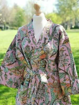 Kantha Cotton Long Reversible Kimono in Pastel Pink Lavender - Image 2