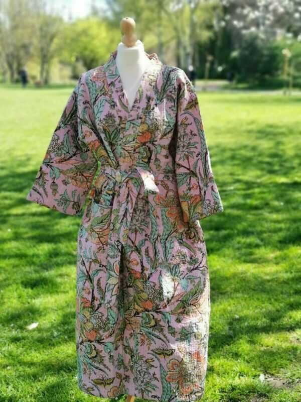 Kantha Cotton Long Reversible Kimono in Pastel Pink Lavender