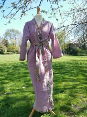 Kantha Cotton Long Reversible Kimono in Pastel Pink Lavender - Image 5