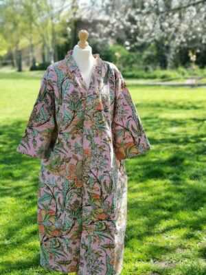 Kantha Cotton Long Reversible Kimono in Pastel Pink Lavender - Image 6