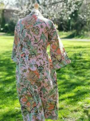 Kantha Cotton Long Reversible Kimono in Pastel Pink Lavender - Image 7