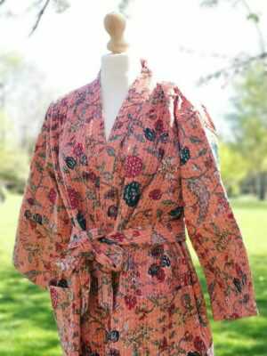 Kantha Cotton Long Reversible Kimono Jacket Unisex Robe Handmade Sustainable Eco-fashion Coral Peach Gardenia - Image 2