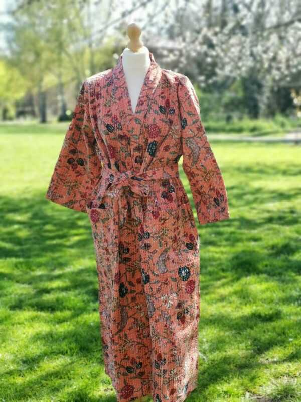 Kantha Cotton Long Reversible Kimono Jacket Unisex Robe Handmade Sustainable Eco-fashion Coral Peach Gardenia