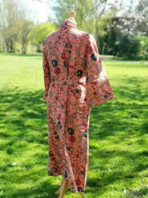 Kantha Cotton Long Reversible Kimono Jacket Unisex Robe Handmade Sustainable Eco-fashion Coral Peach Gardenia - Image 3