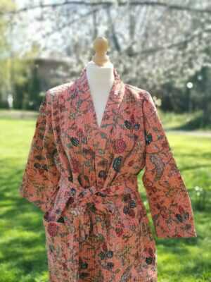 Kantha Cotton Long Reversible Kimono Jacket Unisex Robe Handmade Sustainable Eco-fashion Coral Peach Gardenia - Image 4