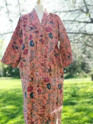 Kantha Cotton Long Reversible Kimono Jacket Unisex Robe Handmade Sustainable Eco-fashion Coral Peach Gardenia - Image 5