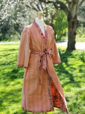 Kantha Cotton Long Reversible Kimono Jacket Unisex Robe Handmade Sustainable Eco-fashion Coral Peach Gardenia - Image 6