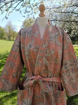Kantha Cotton Long Reversible Kimono Jacket Unisex Robe Handmade Sustainable Eco-fashion Peach Beige Spring Gardenia - Image 2