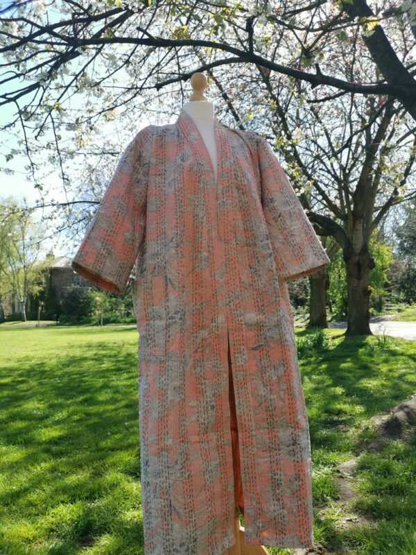 Kantha Cotton Long Reversible Kimono Jacket Unisex Robe Handmade Sustainable Eco-fashion Peach Beige Spring Gardenia