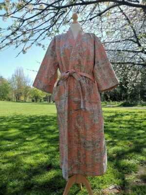 Kantha Cotton Long Reversible Kimono Jacket Unisex Robe Handmade Sustainable Eco-fashion Peach Beige Spring Gardenia - Image 3