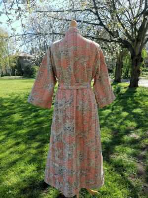Kantha Cotton Long Reversible Kimono Jacket Unisex Robe Handmade Sustainable Eco-fashion Peach Beige Spring Gardenia - Image 5