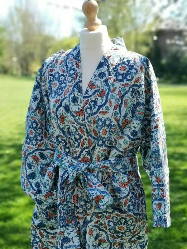 Kantha Cotton Long Reversible Kimono in White & Blue
