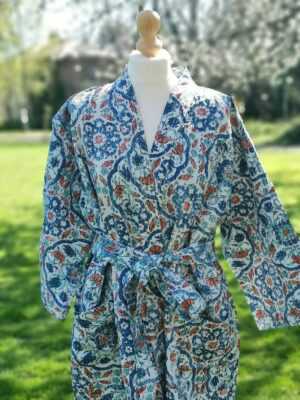 Kantha Cotton Long Reversible Kimono in White & Blue - Image 3