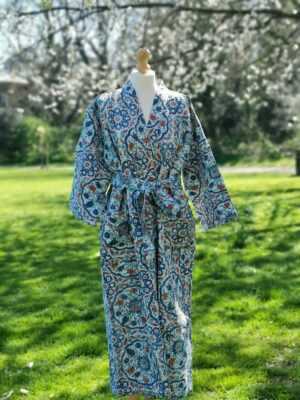 Kantha Cotton Long Reversible Kimono in White & Blue - Image 6