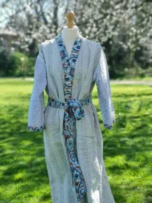 Kantha Cotton Long Reversible Kimono in White & Blue - Image 7