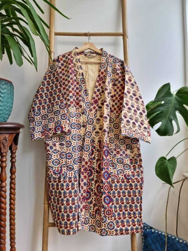 Kantha Patchwork Cotton Reversible Kimono in Elegant Ajrakh multicolor shade