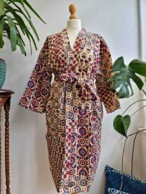 Kantha Patchwork Cotton Reversible Kimono in Elegant Ajrakh multicolor shade - Image 3