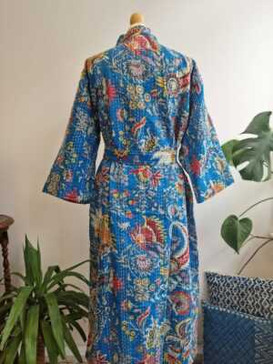 Kantha Cotton Long Reversible Kimono in Tropical Blue & Oriental Boho - Image 4