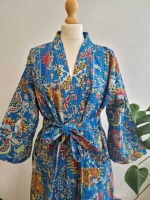 Kantha Cotton Long Reversible Kimono in Tropical Blue & Oriental Boho - Image 7