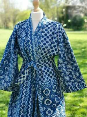 Kantha Cotton Long Reversible Kimono in Indigo Patchwork - Image 2