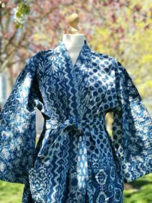 Kantha Cotton Long Reversible Kimono in Indigo Patchwork - Image 3