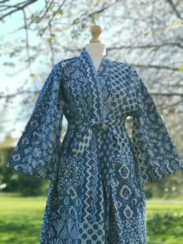 Kantha Cotton Long Reversible Kimono in Indigo Patchwork