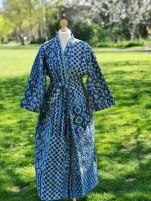 Kantha Cotton Long Reversible Kimono in Indigo Patchwork - Image 4
