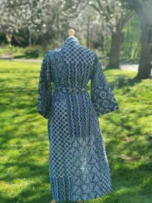 Kantha Cotton Long Reversible Kimono in Indigo Patchwork - Image 5