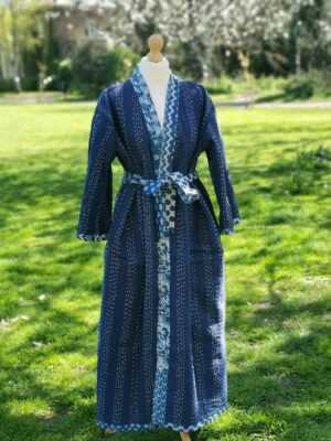 Kantha Cotton Long Reversible Kimono in Indigo Patchwork - Image 6