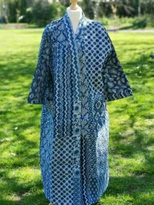 Kantha Cotton Long Reversible Kimono in Indigo Patchwork - Image 7