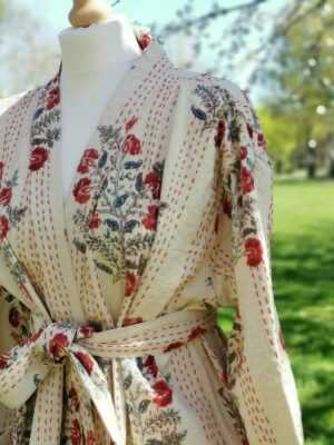Kantha Cotton Long Reversible Kimono in Regal Cream shade - Image 2