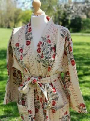 Kantha Cotton Long Reversible Kimono in Regal Cream shade - Image 3