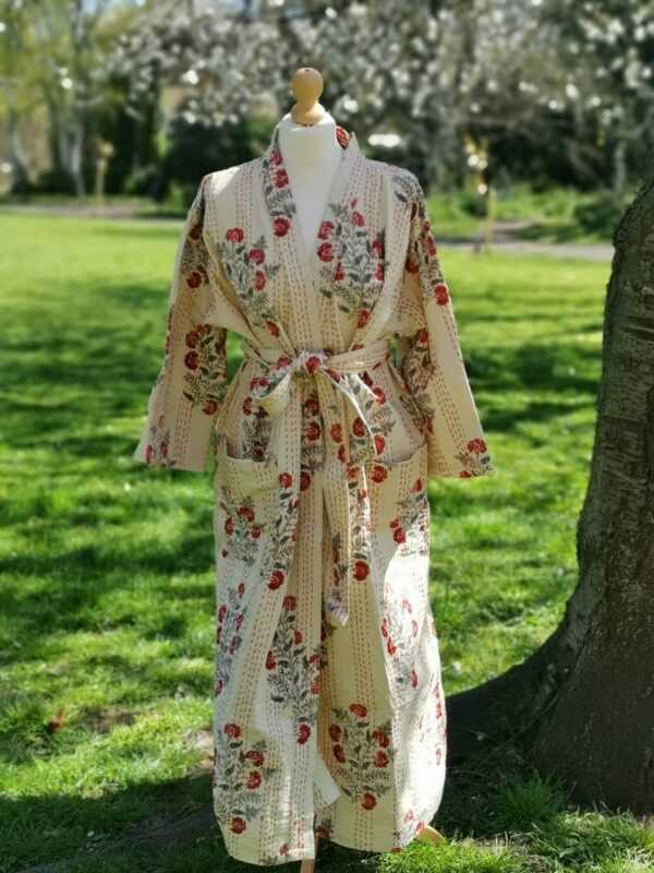 Kantha Cotton Long Reversible Kimono in Regal Cream shade