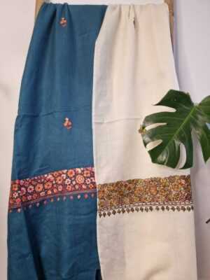 Pure Wool Hand Embroidery Pashmina Scarf in Regal Cream Teal - Image 2