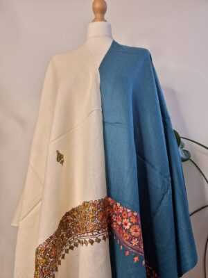 Pure Wool Hand Embroidery Pashmina Scarf in Regal Cream Teal - Image 2