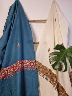 Pure Wool Hand Embroidery Pashmina Scarf in Regal Cream Teal - Image 3