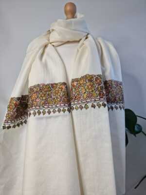 Pure Wool Hand Embroidery Pashmina Scarf in Regal Cream Teal - Image 3