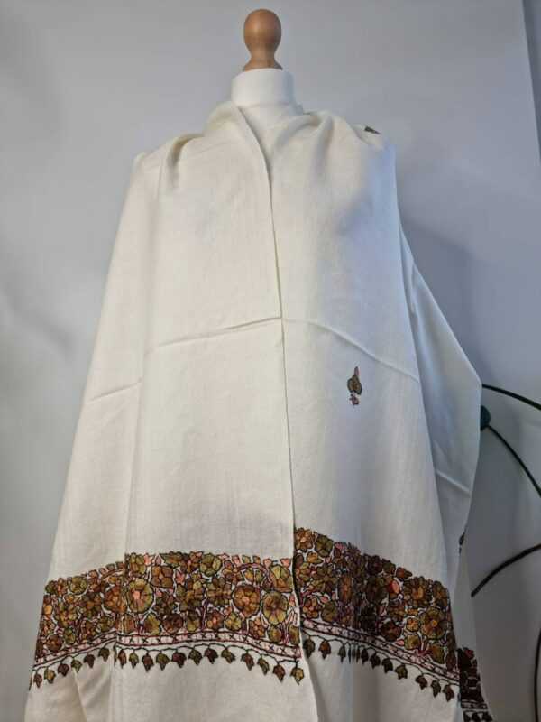 Pure Wool Hand Embroidery Pashmina Scarf in Regal Cream Teal