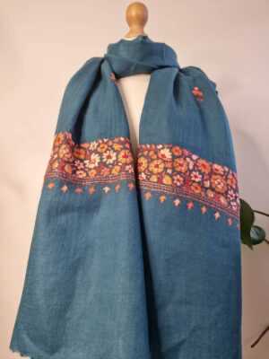 Pure Wool Hand Embroidery Pashmina Scarf in Regal Cream Teal - Image 4
