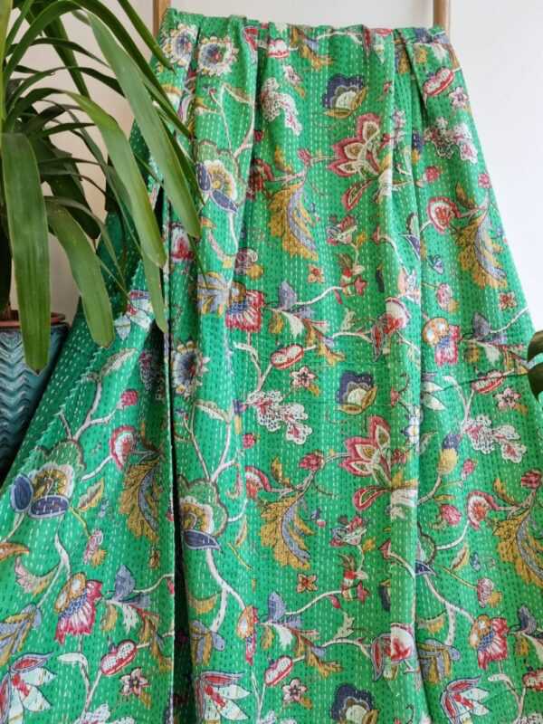 Kantha Pure Cotton Reversible Throw in Green White Blue Pink