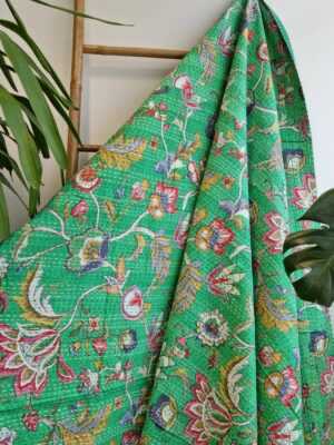 Kantha Pure Cotton Reversible Throw in Green White Blue Pink - Image 2