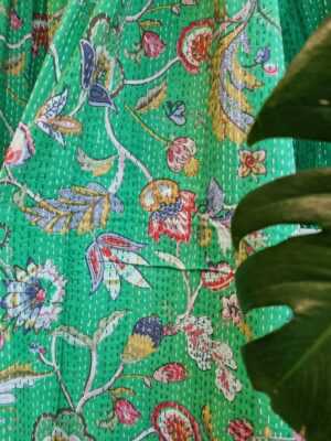 Kantha Pure Cotton Reversible Throw in Green White Blue Pink - Image 3