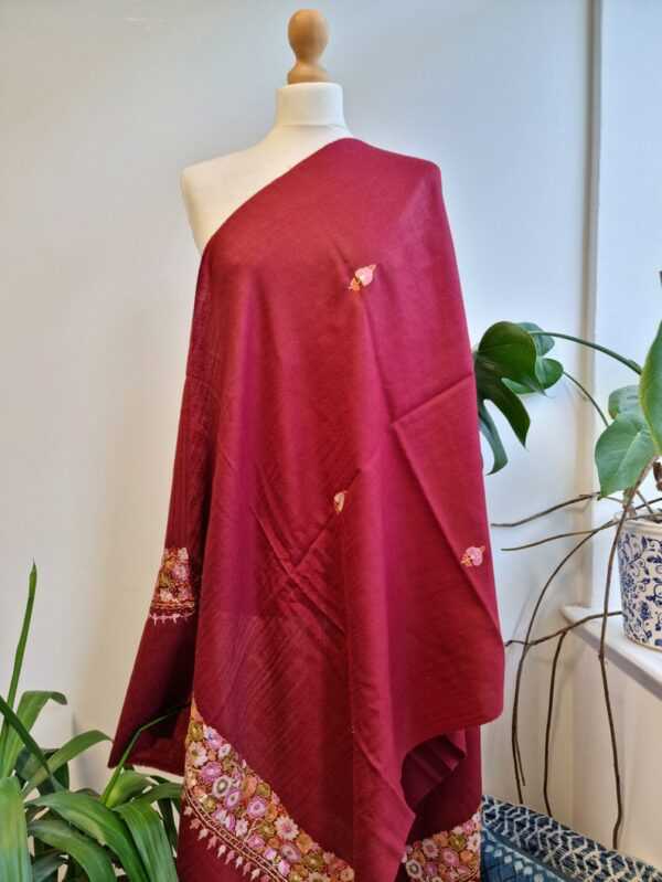Pure Wool Hand Embroidery Pashmina Scarf in Regal Romance Red