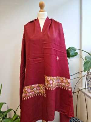 Pure Wool Hand Embroidery Pashmina Scarf in Regal Romance Red - Image 2