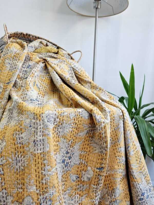 Kantha Cotton Reversible Throw in Pastel Mustard Yellow